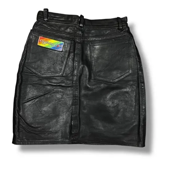 Vintage 1980s Leather Skirt Black Rainbow Patch Brazil Grunge Goth Punk Pride - Picture 2 of 8